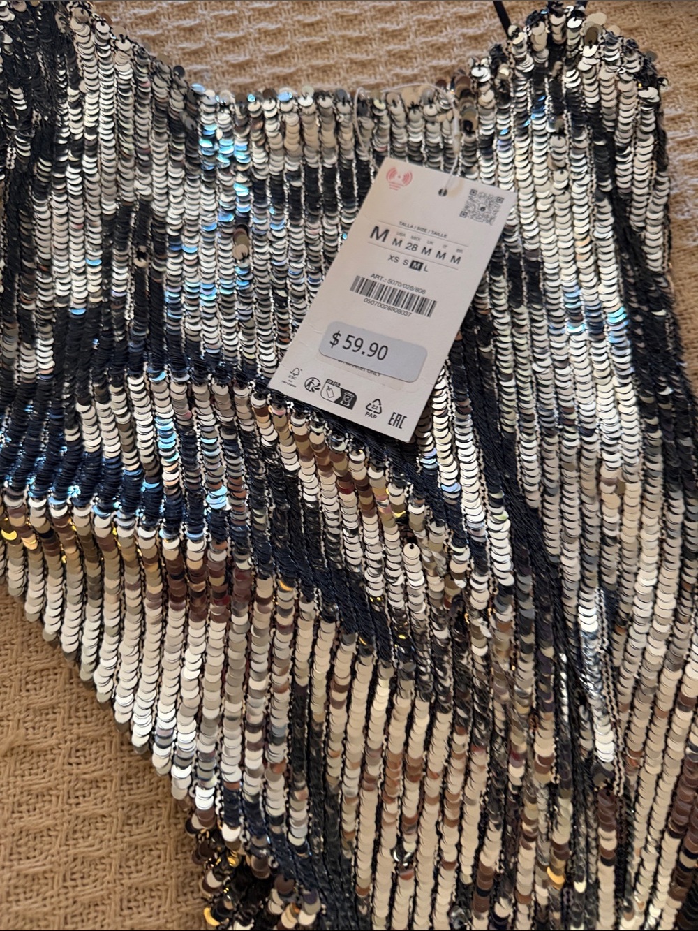 Silver Sequin Asymmetric Slip Top with Spaghetti Straps - Picture 5 of 6